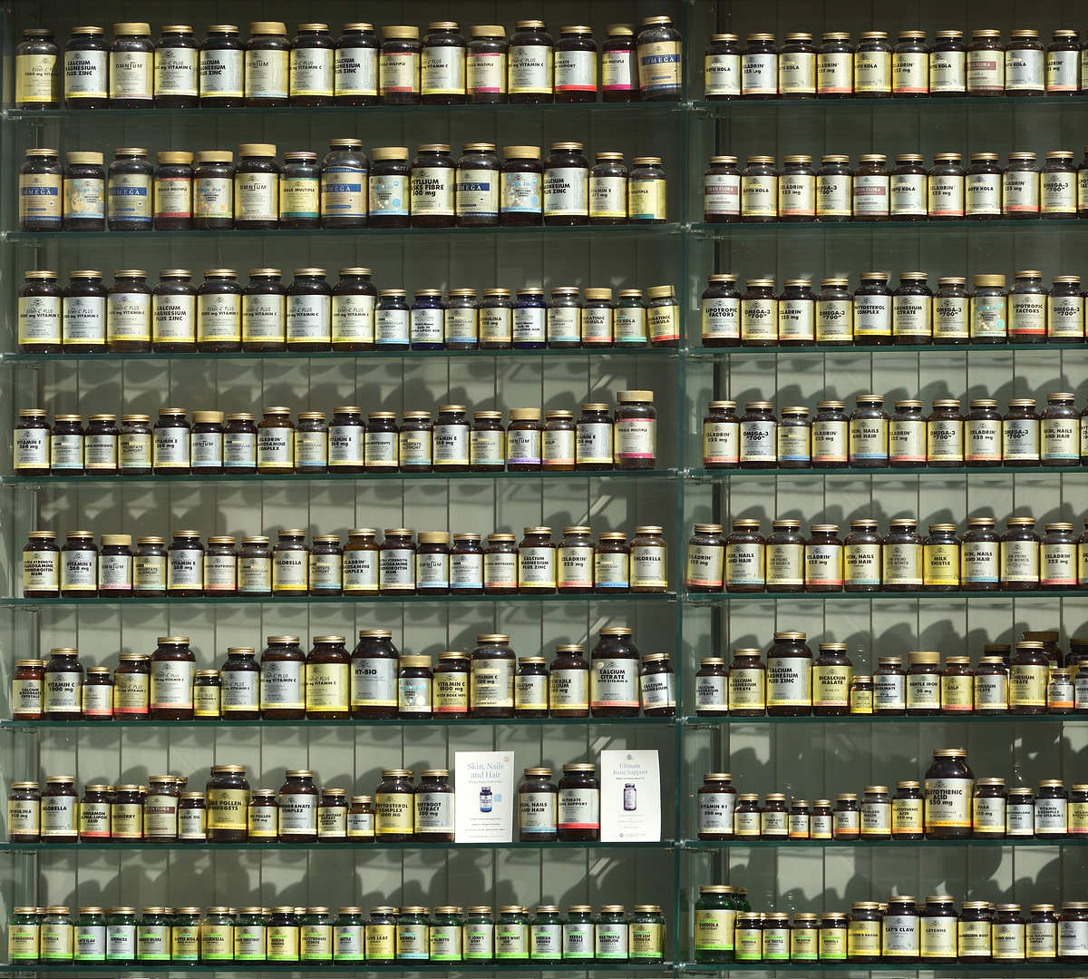 vitamin supplements on shelf.